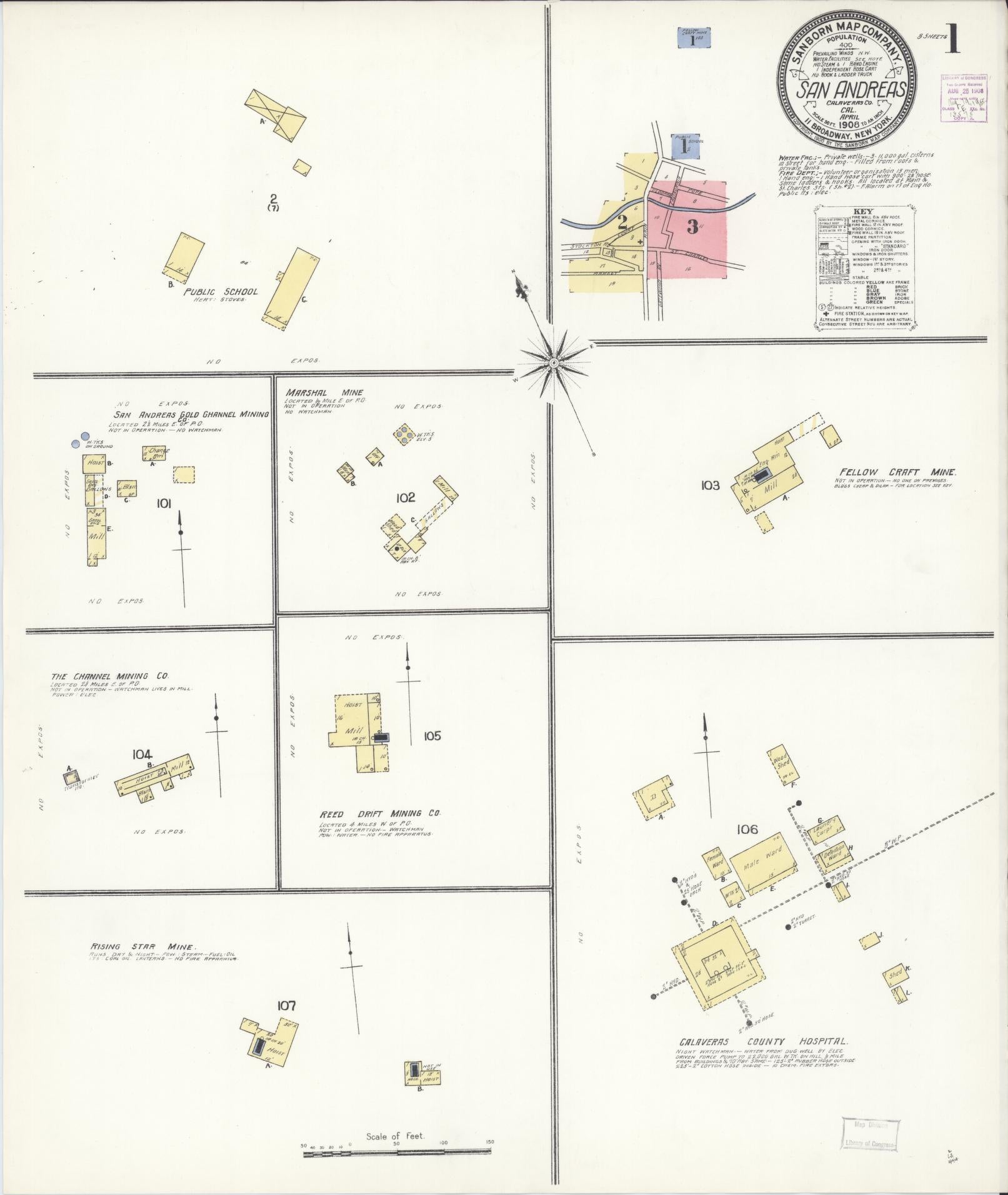 Sanborn Fire Insurance Map from San Andreas, Calaveras County, California (1908), Sheet #0001 - Complete Map Set gallery image, historic Sanborn map, vintage wall art, California California