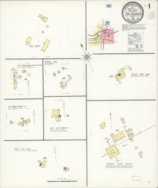 Sanborn Fire Insurance Map from San Andreas, Calaveras County, California (1908), Sheet #0001 - Complete Map Set gallery image, historic Sanborn map, vintage wall art, California California