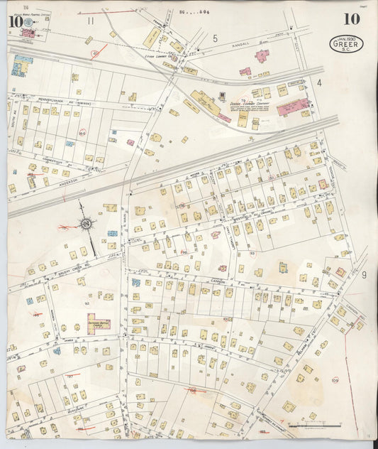 Sanborn Fire Insurance Map from Greer, Greenville and Spartanburg Counties, South Carolina (1951), Sheet #0010 - Historic Sanborn Fire Insurance Map Print, vintage old map wall art, antique decor, genealogy gift, South Carolina South Carolina map