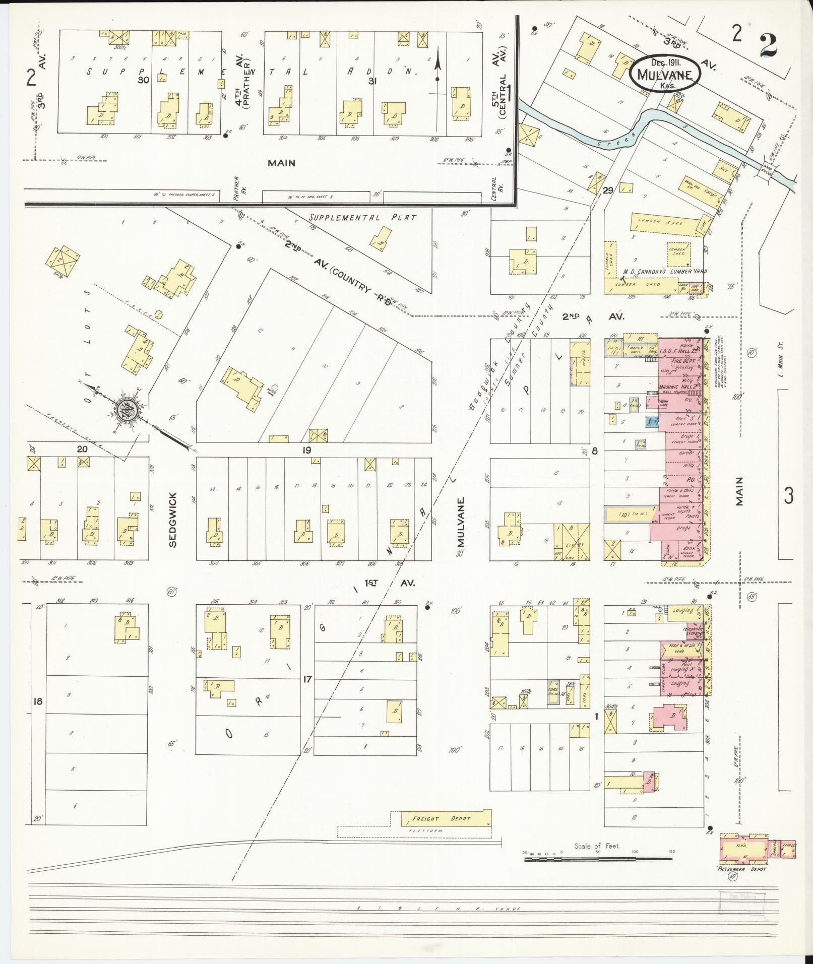 Sanborn Fire Insurance Map from Mulvane, Sumner and Sedgwick Counties, Kansas (1911), Sheet #0002 - Historic Sanborn Fire Insurance Map Print, vintage old map wall art, antique decor, genealogy gift, Kansas Kansas map