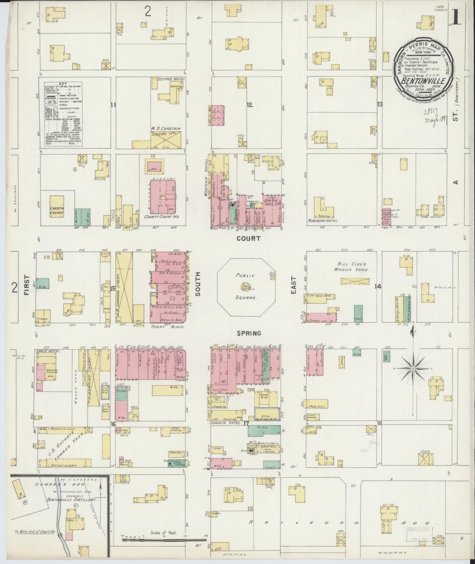 Sanborn Fire Insurance Map from Bentonville, Benton County, Arkansas (1897), Sheet #0001 - Historic Sanborn Fire Insurance Map Print, vintage old map wall art, antique decor, genealogy gift, Arkansas Arkansas map