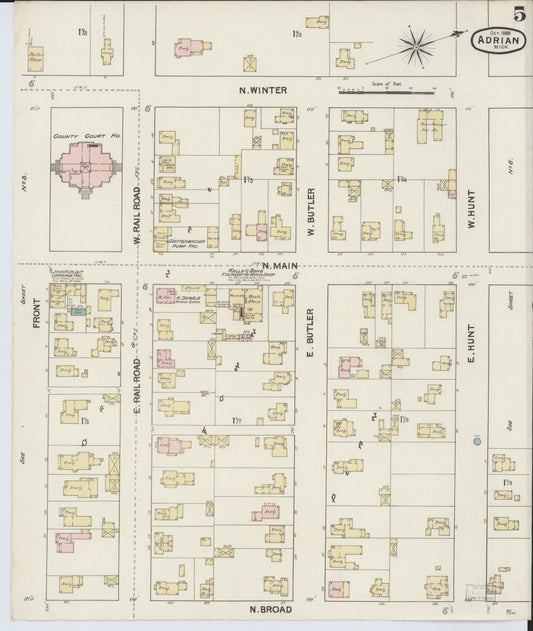 Sanborn Fire Insurance Map from Adrian, Lenawee County, Michigan (1888), Sheet #0005 - Historic Sanborn Fire Insurance Map Print, vintage old map wall art, antique decor, genealogy gift, Michigan Michigan map