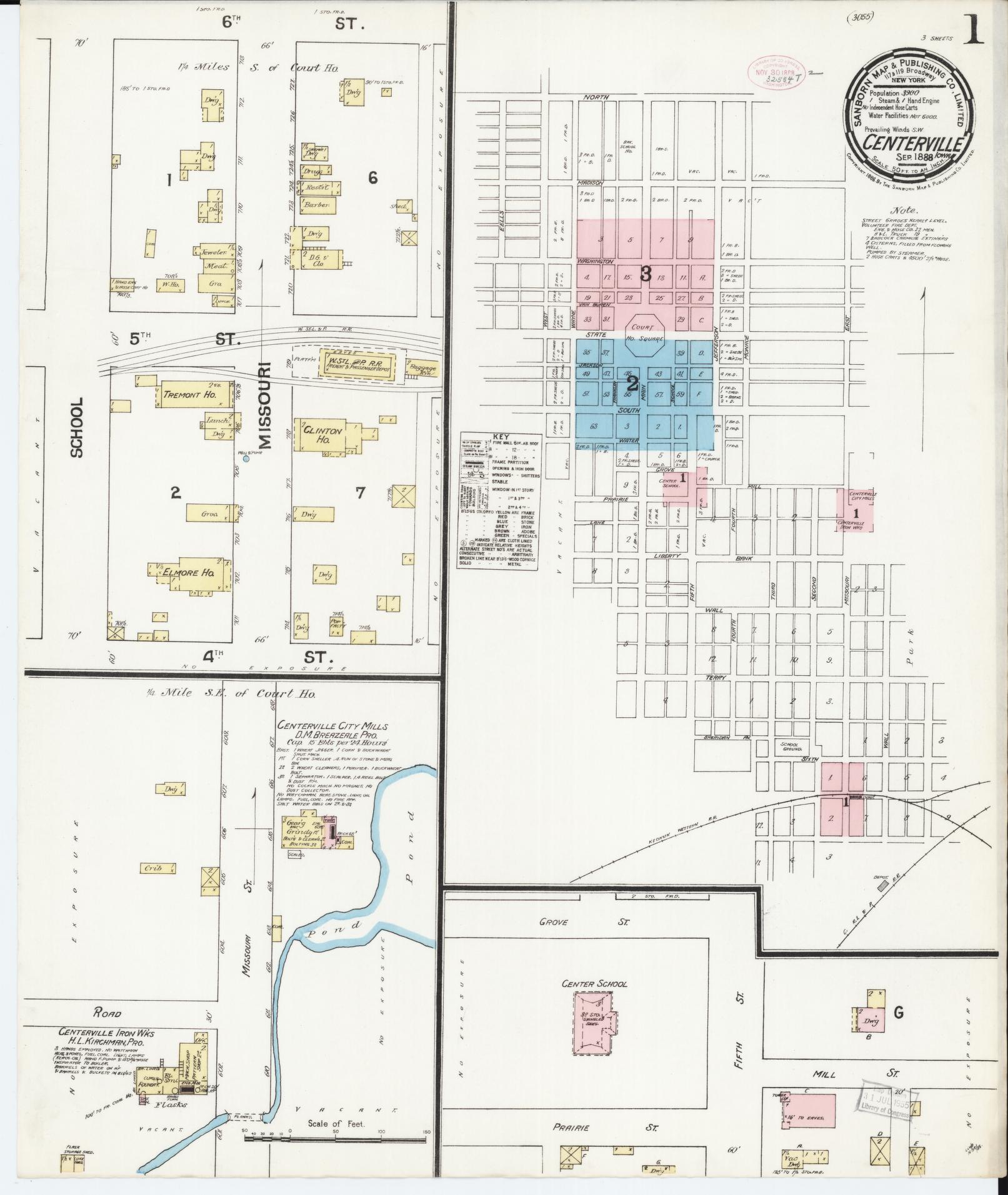 Sanborn Fire Insurance Map from Centerville, Appanoose County, Iowa (1888), Sheet #0001 - Historic Sanborn Fire Insurance Map Print, vintage old map wall art