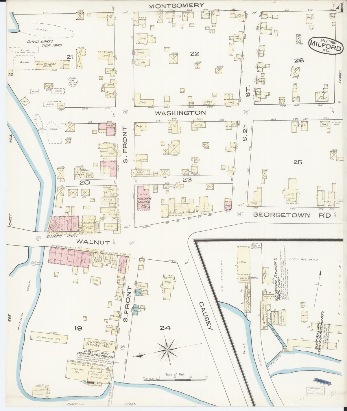 Sanborn Fire Insurance Map from Milford, Kent And Sussex Counties, Delaware (1885), Sheet #0004 - Historic Sanborn Fire Insurance Map Print, vintage old map wall art, antique decor, genealogy gift, Delaware Delaware map