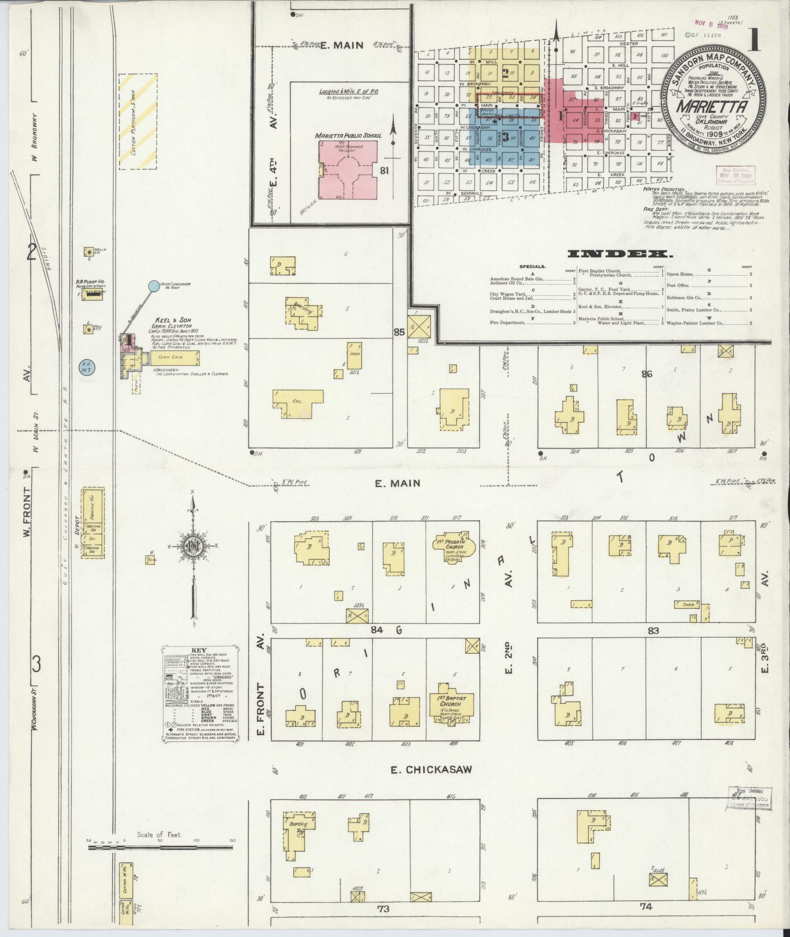 Sanborn Fire Insurance Map from Marietta, Love County, Oklahoma (1909), Sheet #0001 - Historic Sanborn Fire Insurance Map Print, vintage old map wall art, antique decor, genealogy gift, Oklahoma Oklahoma map