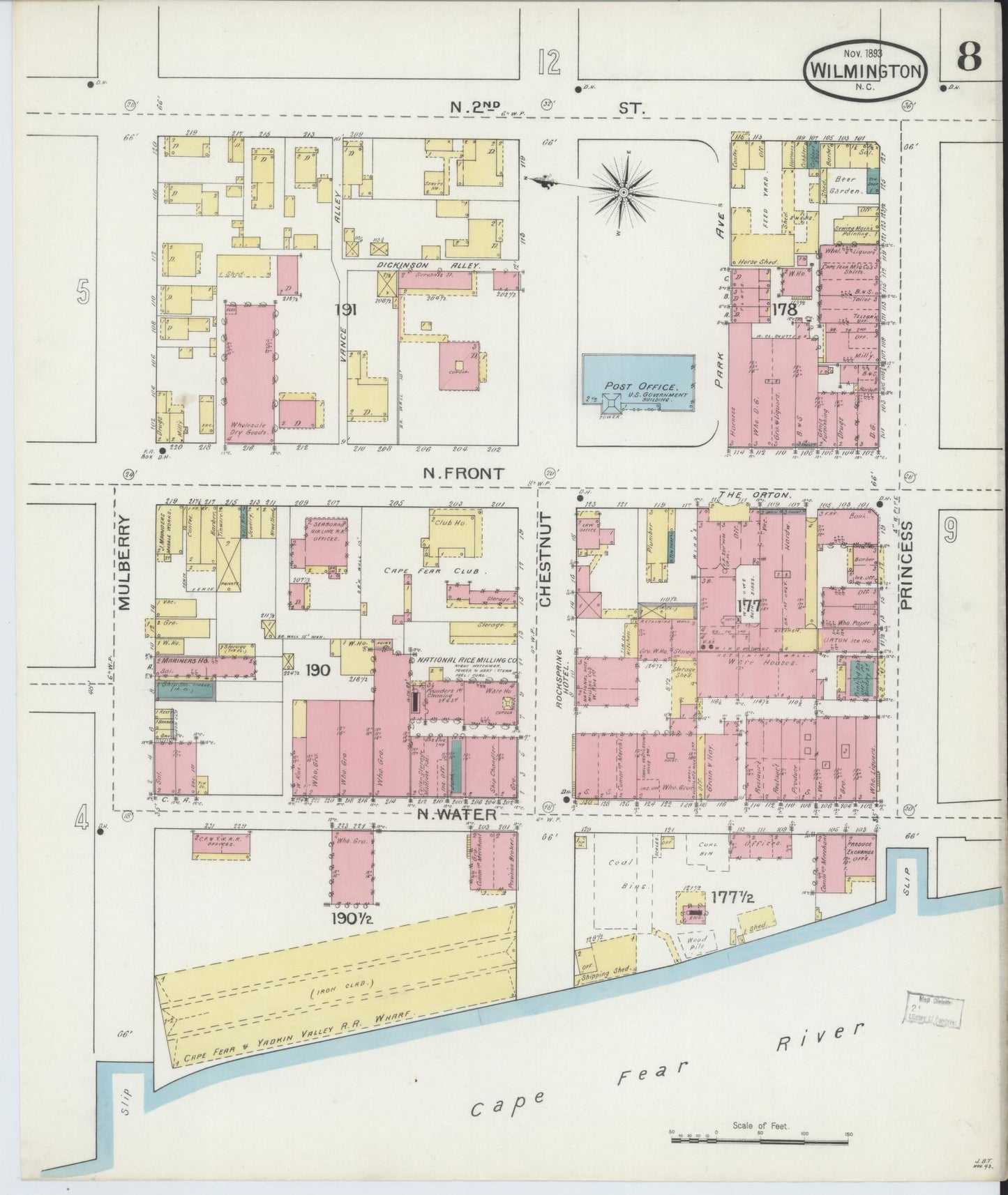 Sanborn Fire Insurance Map from Wilmington, New Hanover County, North Carolina (1893), Sheet #0008 - Complete Map Set gallery image, historic Sanborn map, vintage wall art, North Carolina North Carolina