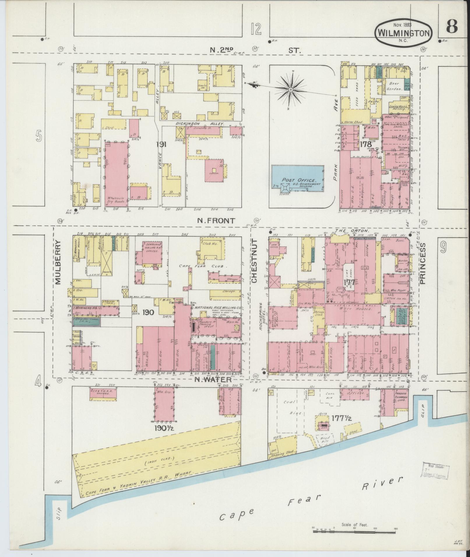 Sanborn Fire Insurance Map from Wilmington, New Hanover County, North Carolina (1893), Sheet #0008 - Complete Map Set gallery image, historic Sanborn map, vintage wall art, North Carolina North Carolina