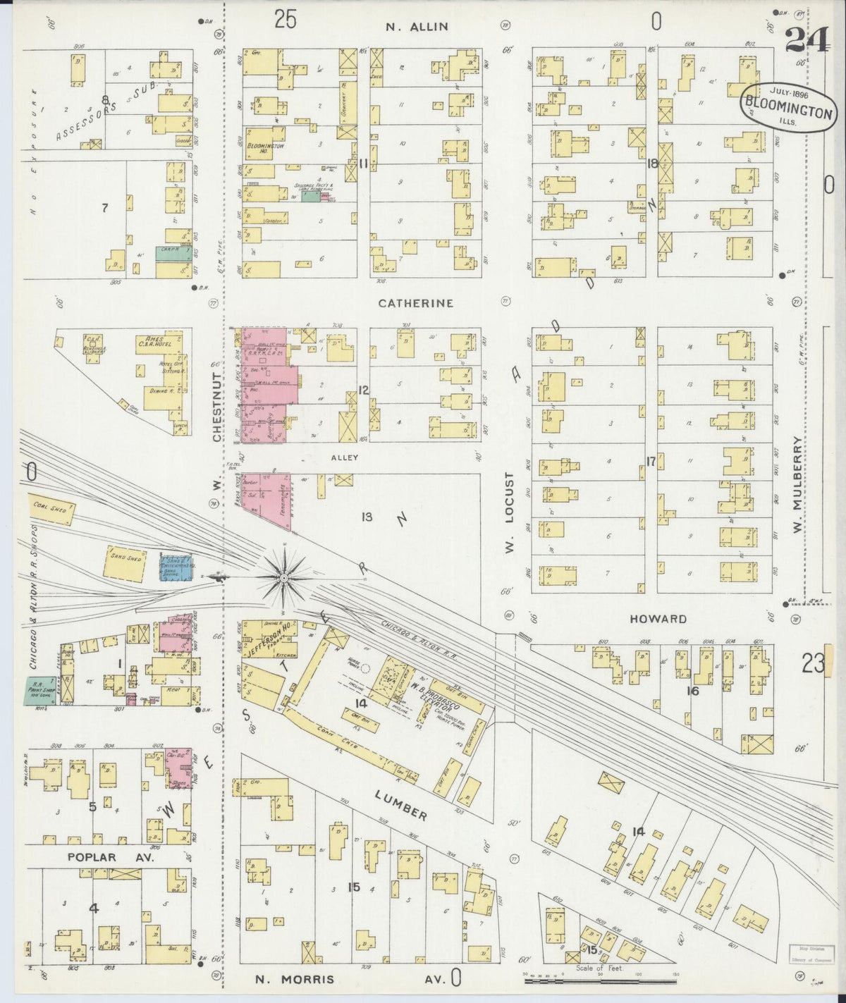 Sanborn Fire Insurance Map from Bloomington, McLean County, Illinois (1896), Sheet #0024 - Historic Sanborn Fire Insurance Map Print, vintage old map wall art, antique decor, genealogy gift, Illinois Illinois map