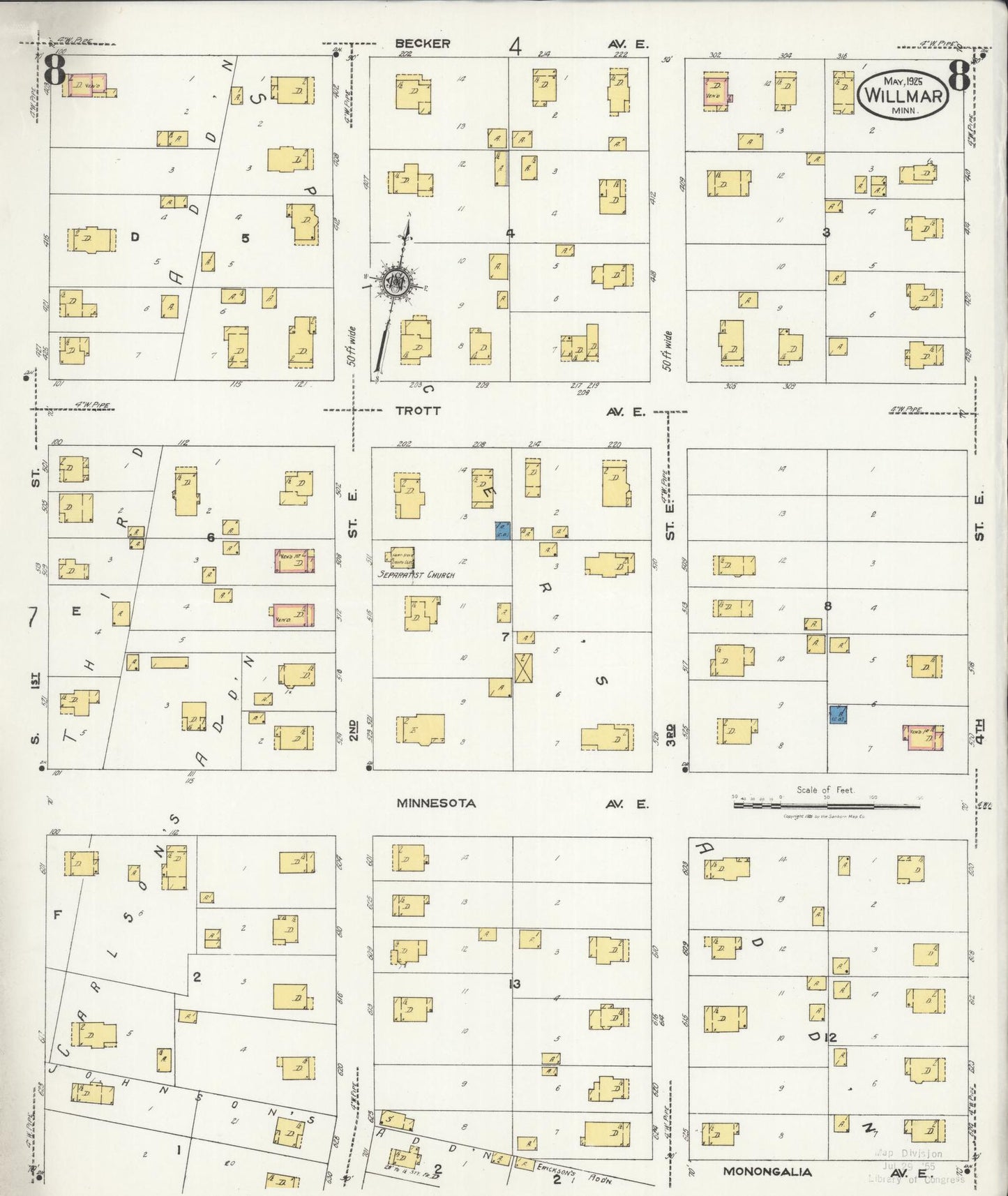 Sanborn Fire Insurance Map from Willmar, Kandiyohi County, Minnesota (1925), Sheet #0008 - Historic Sanborn Fire Insurance Map Print, vintage old map wall art, antique decor, genealogy gift, Minnesota Minnesota map