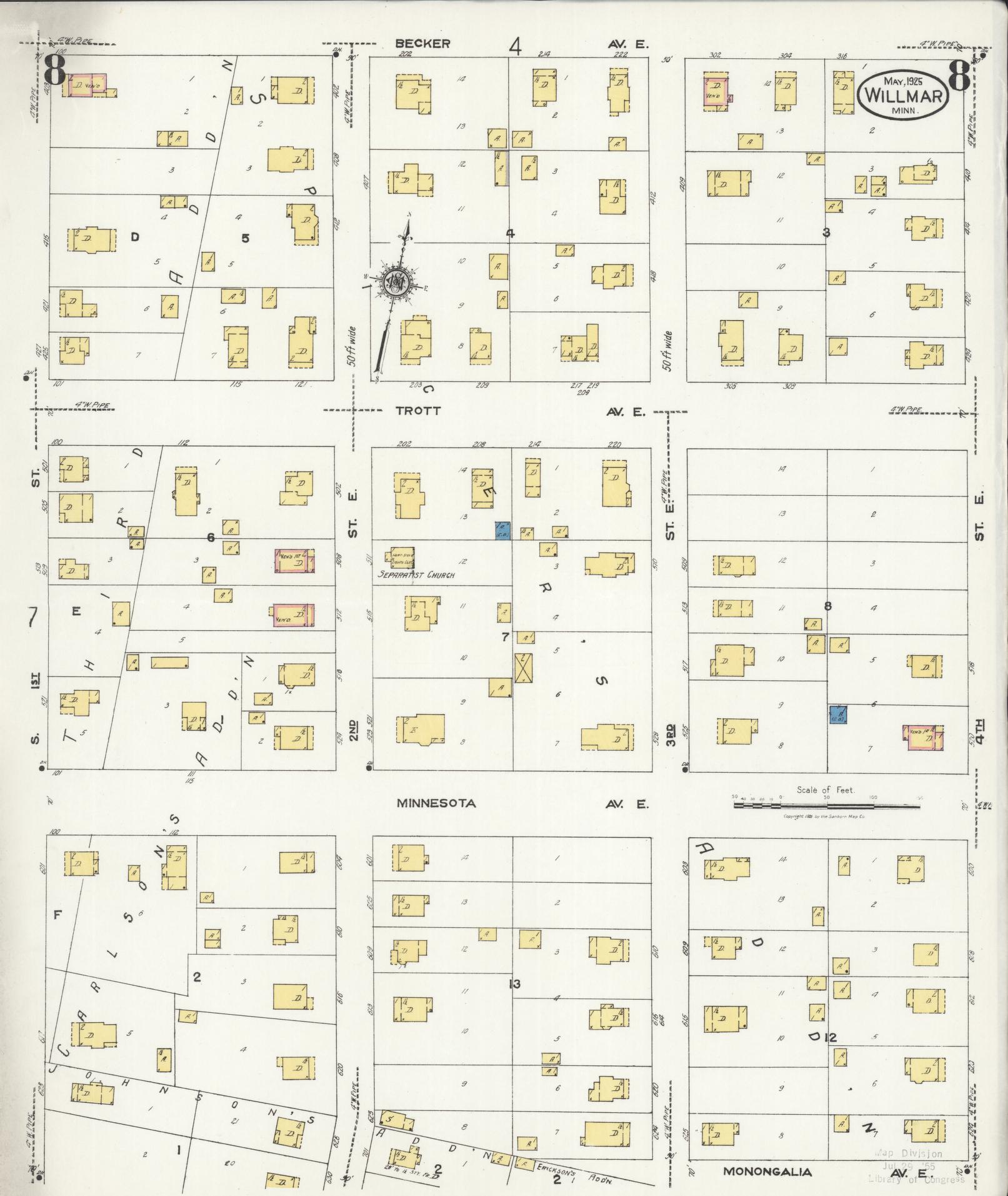 Sanborn Fire Insurance Map from Willmar, Kandiyohi County, Minnesota (1925), Sheet #0008 - Historic Sanborn Fire Insurance Map Print, vintage old map wall art, antique decor, genealogy gift, Minnesota Minnesota map