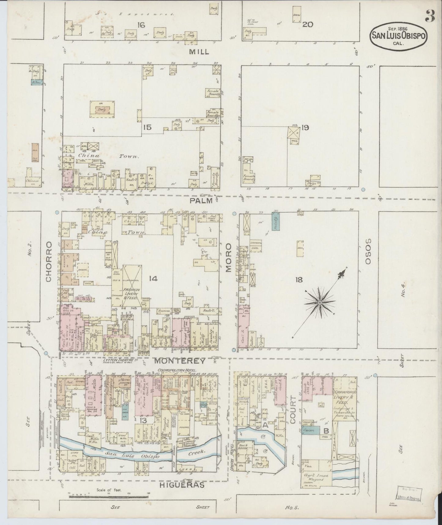 Sanborn Fire Insurance Map from San Luis Obispo, San Luis Obispo County, California (1886), Sheet #0003 - Complete Map Set gallery image, historic Sanborn map, vintage wall art, California California