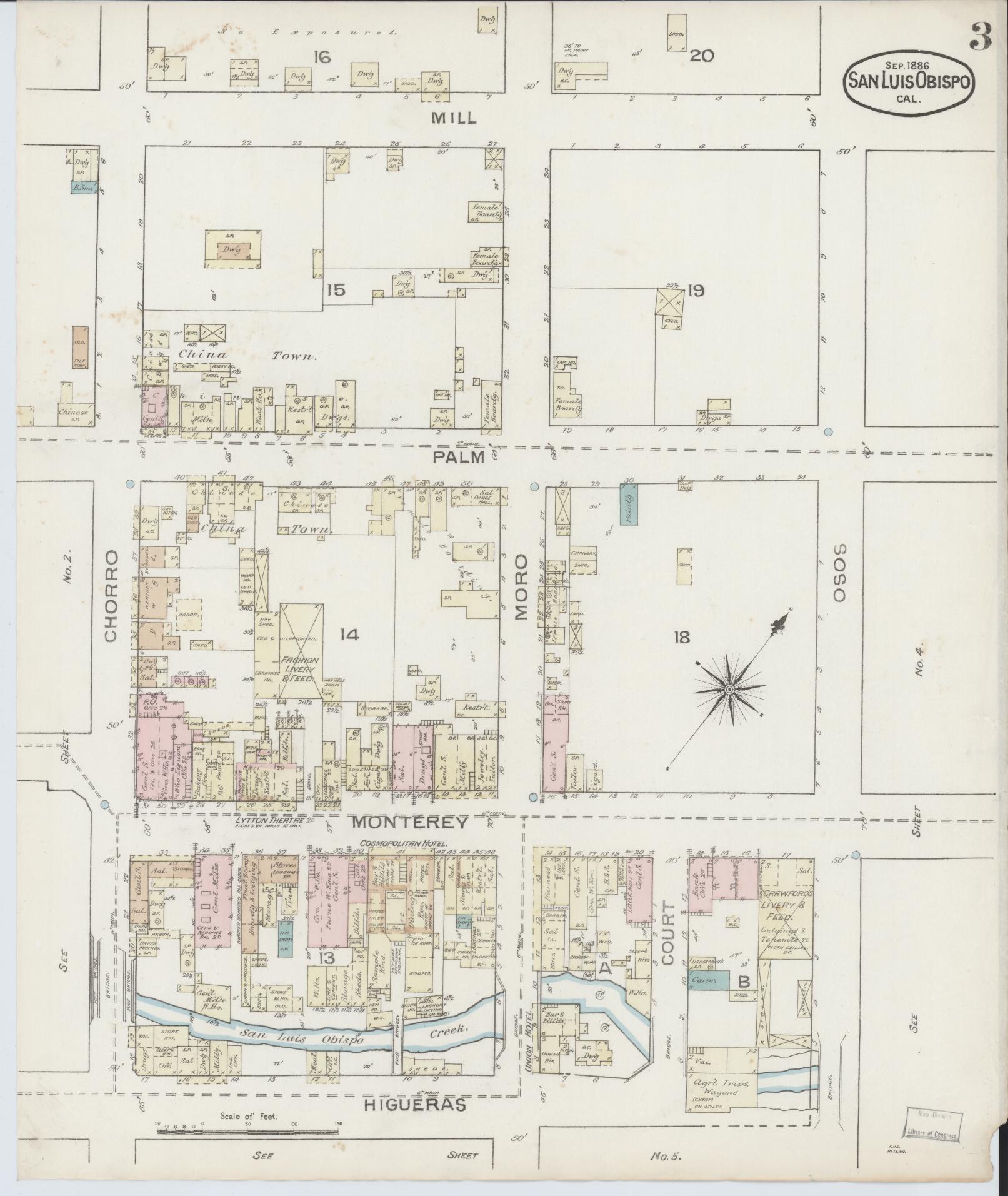 Sanborn Fire Insurance Map from San Luis Obispo, San Luis Obispo County, California (1886), Sheet #0003 - Complete Map Set gallery image, historic Sanborn map, vintage wall art, California California