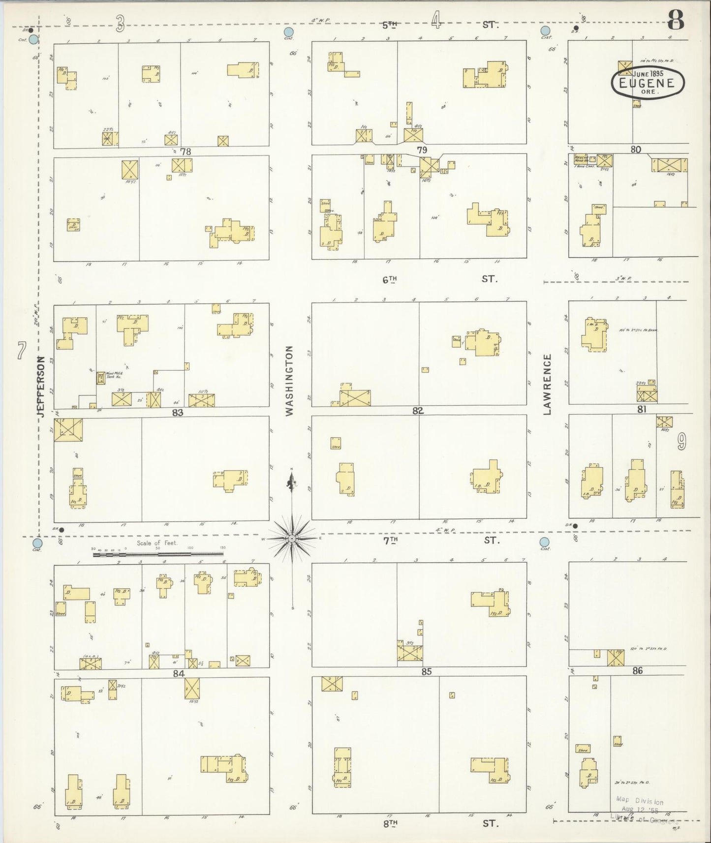 Sanborn Fire Insurance Map from Eugene, Lane County, Oregon (1896), Sheet #0008 - Historic Sanborn Fire Insurance Map Print, vintage old map wall art, antique decor, genealogy gift, Oregon Oregon map
