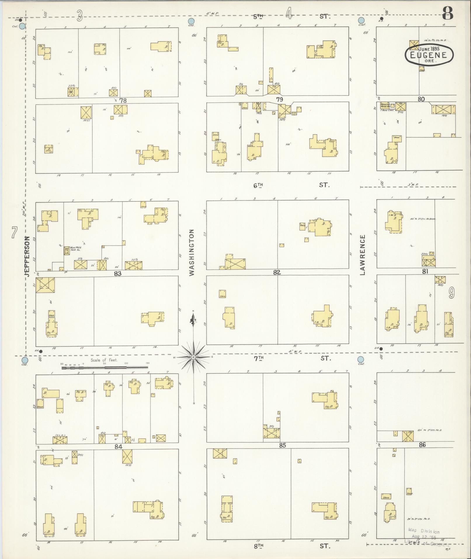 Sanborn Fire Insurance Map from Eugene, Lane County, Oregon (1896), Sheet #0008 - Historic Sanborn Fire Insurance Map Print, vintage old map wall art, antique decor, genealogy gift, Oregon Oregon map
