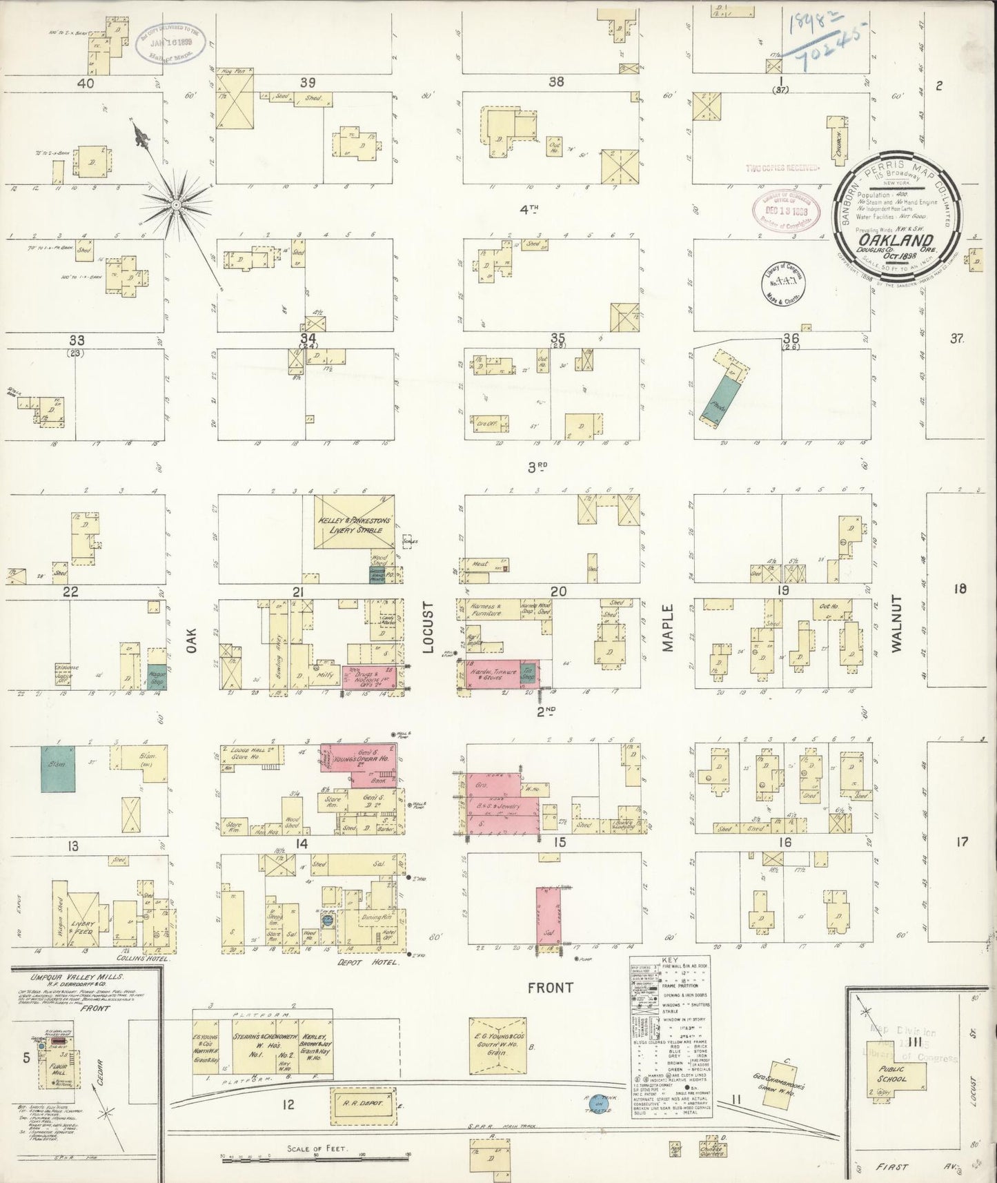 Sanborn Fire Insurance Map from Oakland, Douglas County, Oregon (1898), Sheet #0001 - Historic Sanborn Fire Insurance Map Print, vintage old map wall art, antique decor, genealogy gift, Oregon Oregon map