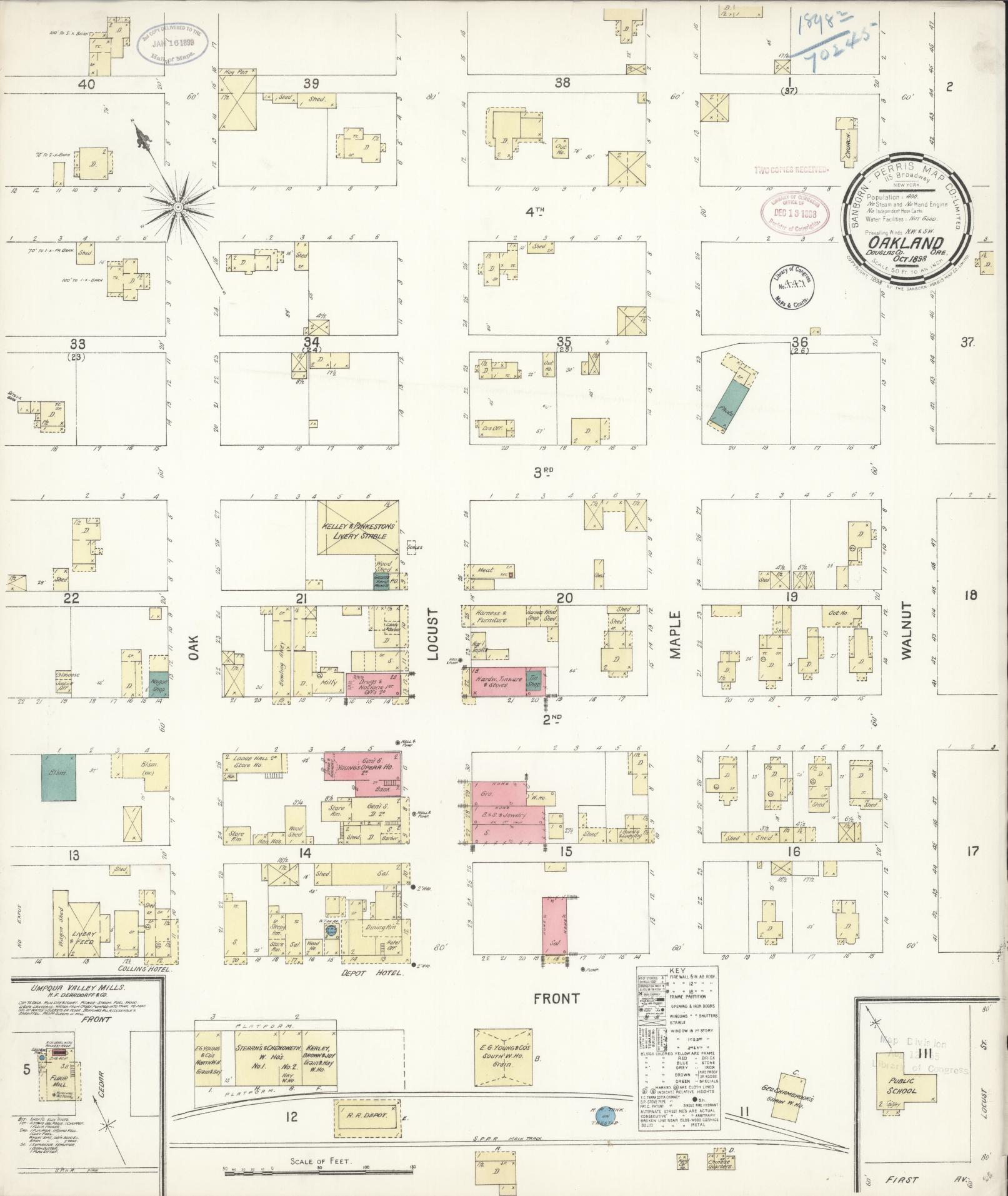 Sanborn Fire Insurance Map from Oakland, Douglas County, Oregon (1898), Sheet #0001 - Historic Sanborn Fire Insurance Map Print, vintage old map wall art, antique decor, genealogy gift, Oregon Oregon map