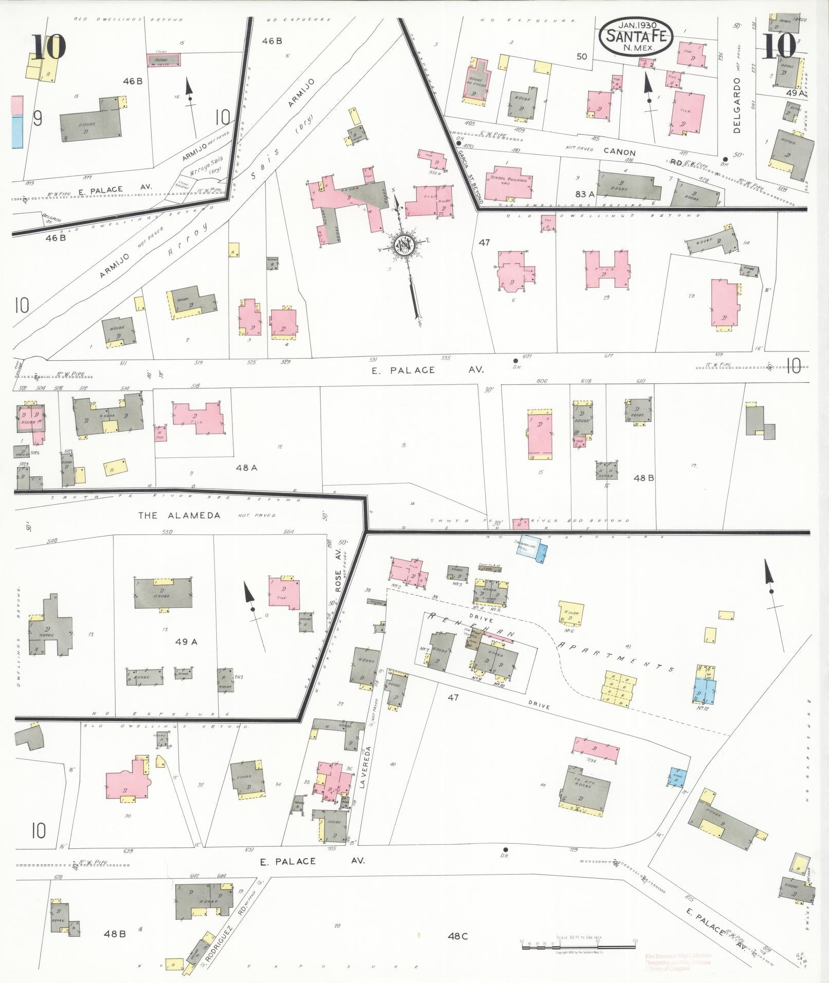 Sanborn Fire Insurance Map from Santa Fe, Santa Fe County, New Mexico (1930), Sheet #0010 - Complete Map Set gallery image, historic Sanborn map, vintage wall art, New Mexico New Mexico