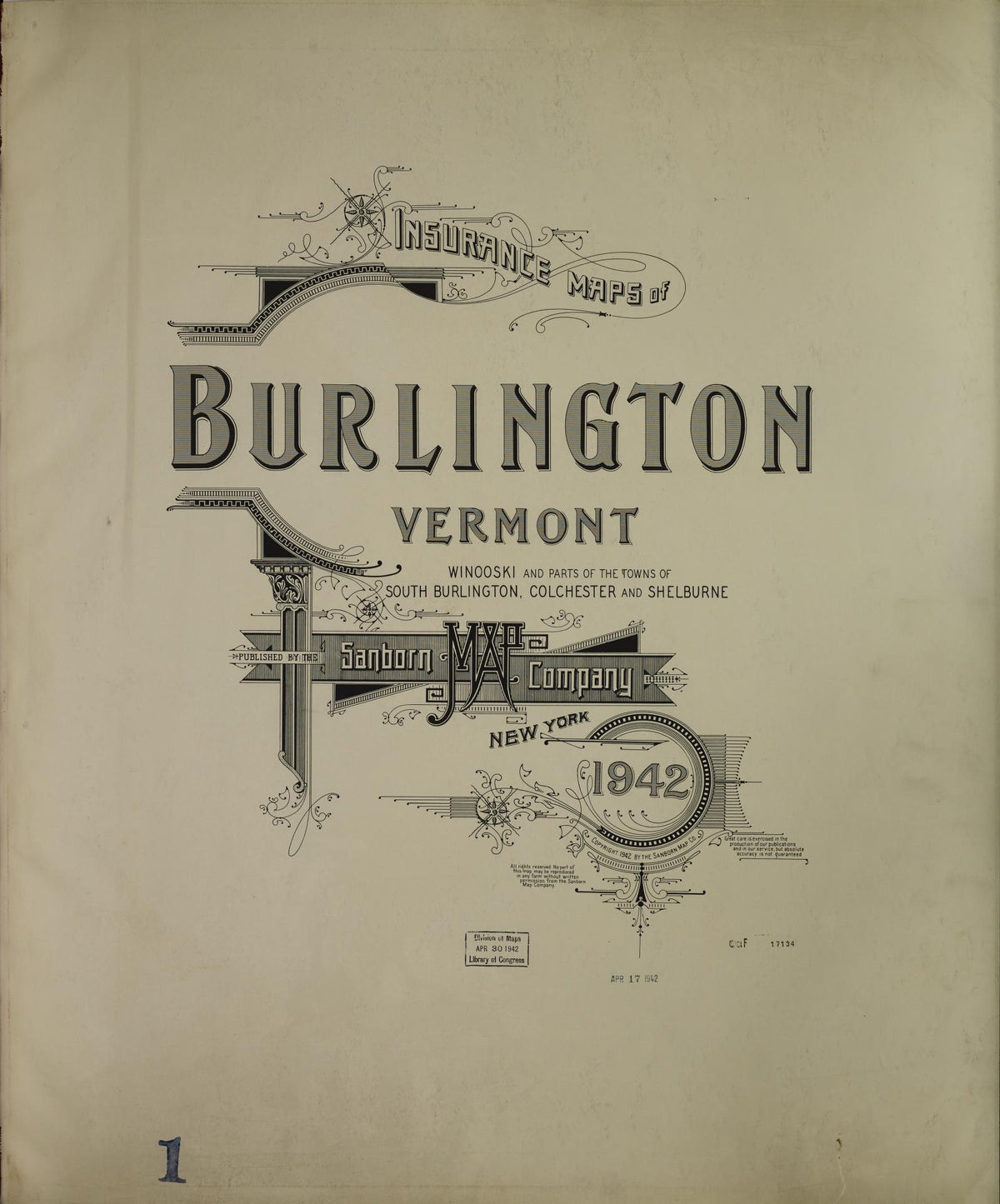 Sanborn Fire Insurance Map from Burlington, Chittenden County, Vermont (1942), Sheet #0001 - Historic Sanborn Fire Insurance Map Print, vintage old map wall art, antique decor, genealogy gift, Vermont Vermont map