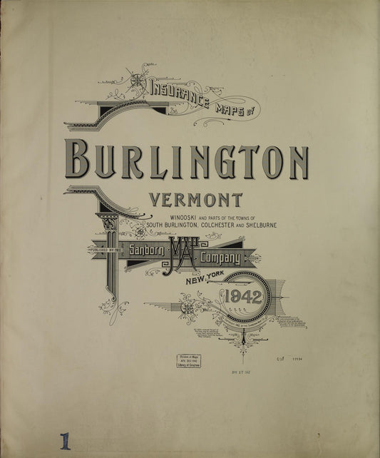 Sanborn Fire Insurance Map from Burlington, Chittenden County, Vermont (1942), Sheet #0001 - Historic Sanborn Fire Insurance Map Print, vintage old map wall art, antique decor, genealogy gift, Vermont Vermont map