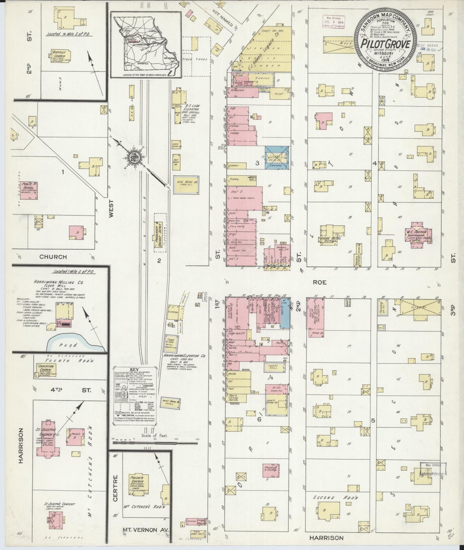 Sanborn Fire Insurance Map from Pilot Grove, Cooper County, Missouri (1914), Sheet #0001 - Historic Sanborn Fire Insurance Map Print, vintage old map wall art, antique decor, genealogy gift, Missouri Missouri map