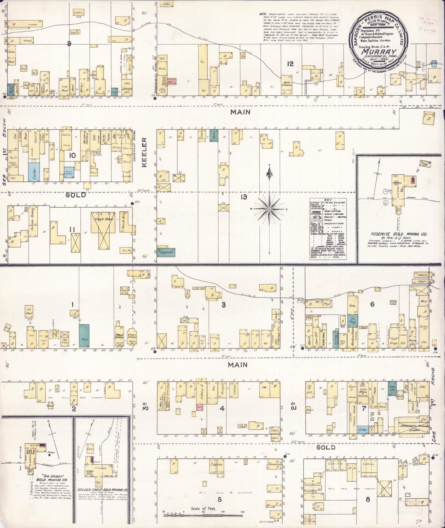Sanborn Fire Insurance Map from Murray, Shoshone County, Idaho (1896), Sheet #0001 - Historic Sanborn Fire Insurance Map Print, vintage old map wall art, antique decor, genealogy gift, Idaho Idaho map
