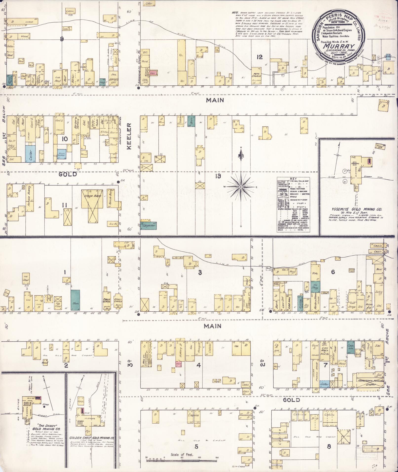 Sanborn Fire Insurance Map from Murray, Shoshone County, Idaho (1896), Sheet #0001 - Historic Sanborn Fire Insurance Map Print, vintage old map wall art, antique decor, genealogy gift, Idaho Idaho map