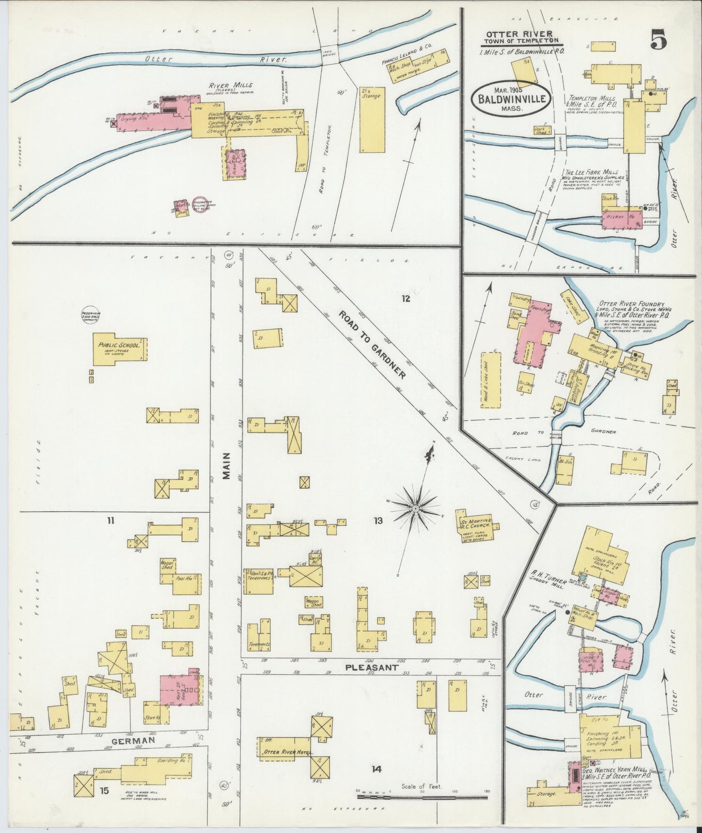 Sanborn Fire Insurance Map from Baldwinville, Worcester County, Massachusetts (1905), Sheet #0005 - Complete Map Set gallery image, historic Sanborn map, vintage wall art, Massachusetts Massachusetts