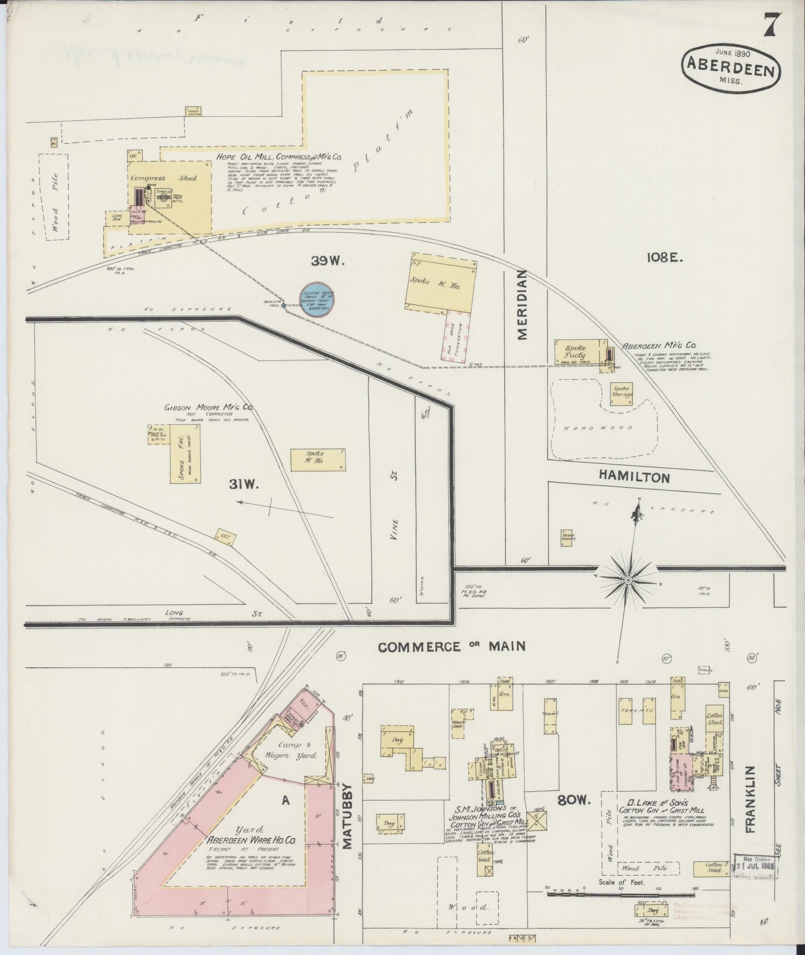 Sanborn Fire Insurance Map from Aberdeen, Monroe County, Mississippi (1890), Sheet #0007 - Historic Sanborn Fire Insurance Map Print, vintage old map wall art, antique decor, genealogy gift, Mississippi Mississippi map