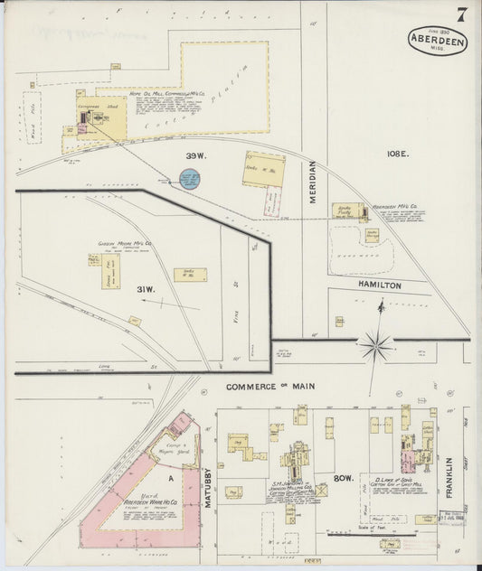 Sanborn Fire Insurance Map from Aberdeen, Monroe County, Mississippi (1890), Sheet #0007 - Historic Sanborn Fire Insurance Map Print, vintage old map wall art, antique decor, genealogy gift, Mississippi Mississippi map