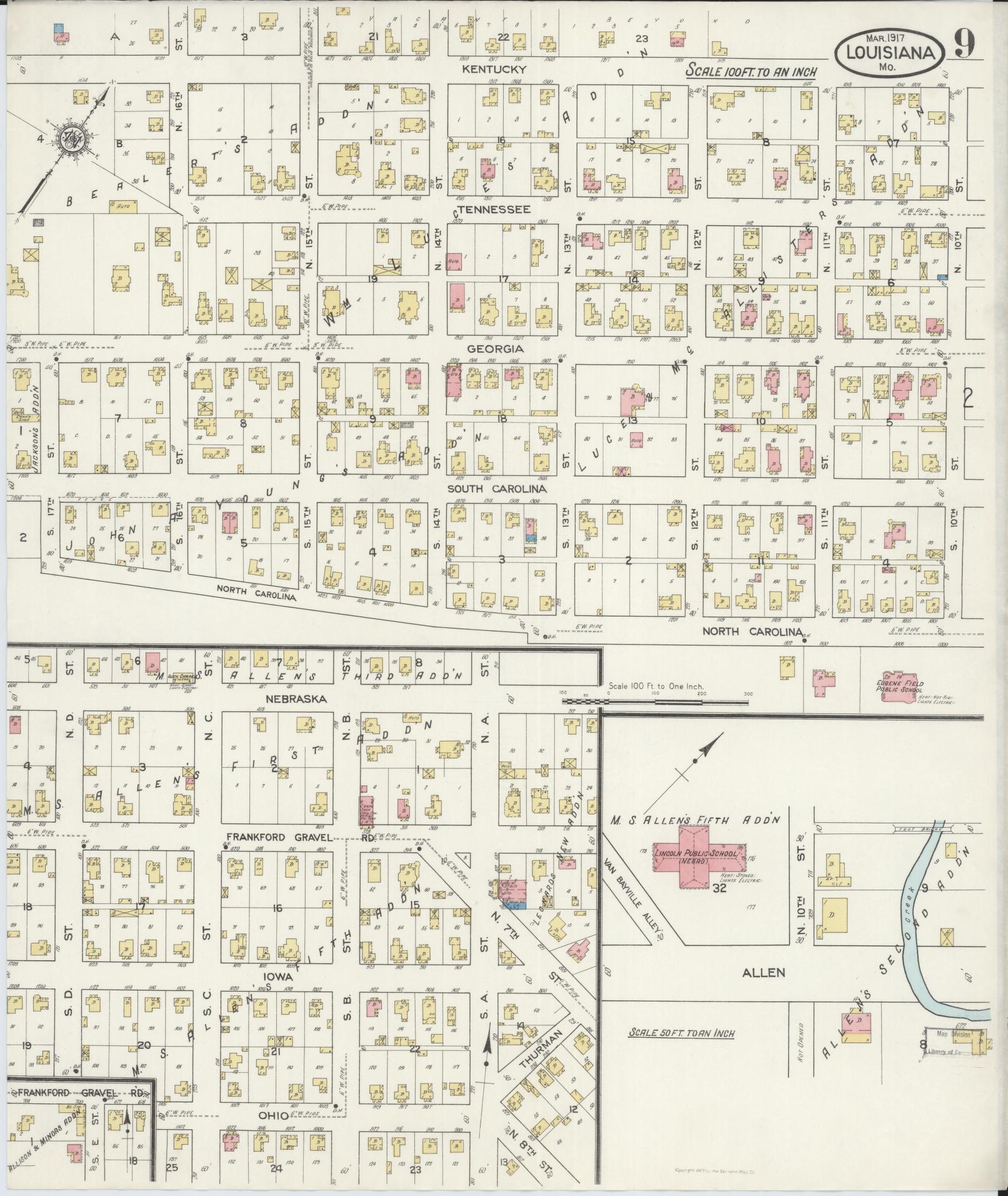 Sanborn Fire Insurance Map from Louisiana, Pike County, Missouri (1917), Sheet #0009 - Complete Map Set gallery image, historic Sanborn map, vintage wall art, Missouri Missouri