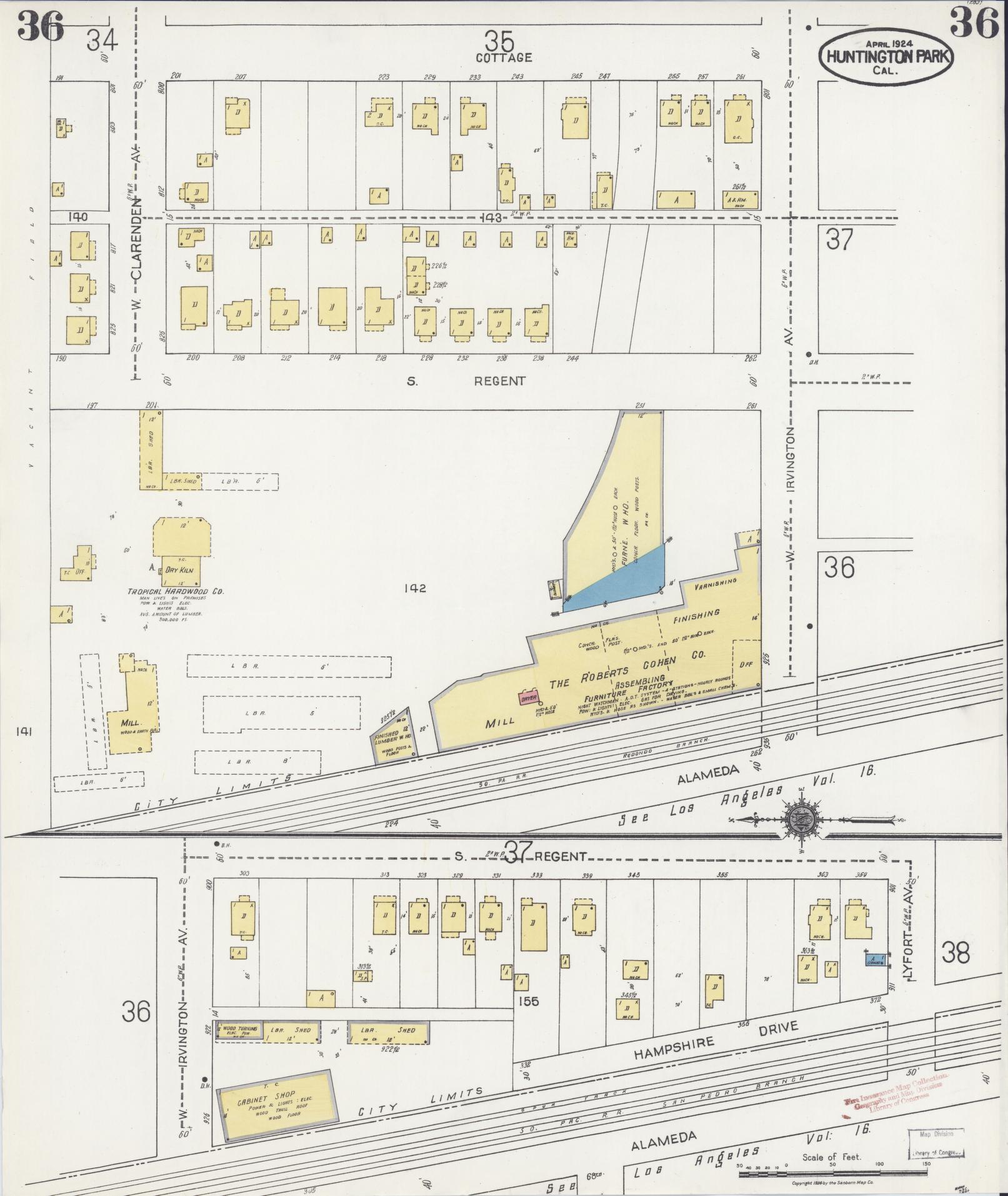 Sanborn Fire Insurance Map from Huntington Park, Los Angeles County, California (1924), Sheet #0036 - Historic Sanborn Fire Insurance Map Print, vintage old map wall art, antique decor, genealogy gift, California California map