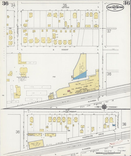 Sanborn Fire Insurance Map from Huntington Park, Los Angeles County, California (1924), Sheet #0036 - Historic Sanborn Fire Insurance Map Print, vintage old map wall art, antique decor, genealogy gift, California California map