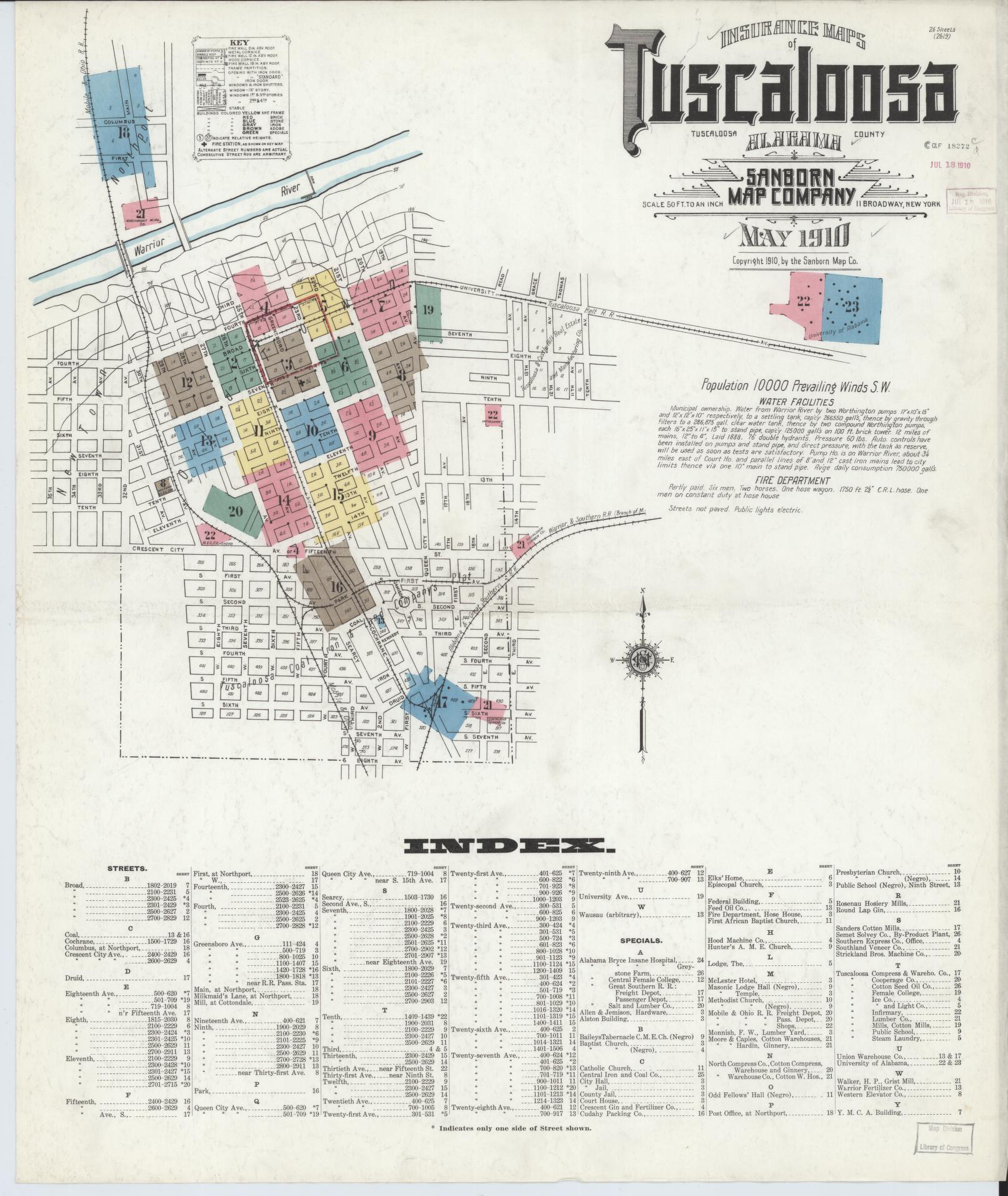 Sanborn Fire Insurance Map from Tuscaloosa, Tuscaloosa County, Alabama (1910), Sheet #0001 - Historic Sanborn Fire Insurance Map Print, vintage old map wall art, antique decor, genealogy gift, Alabama Alabama map