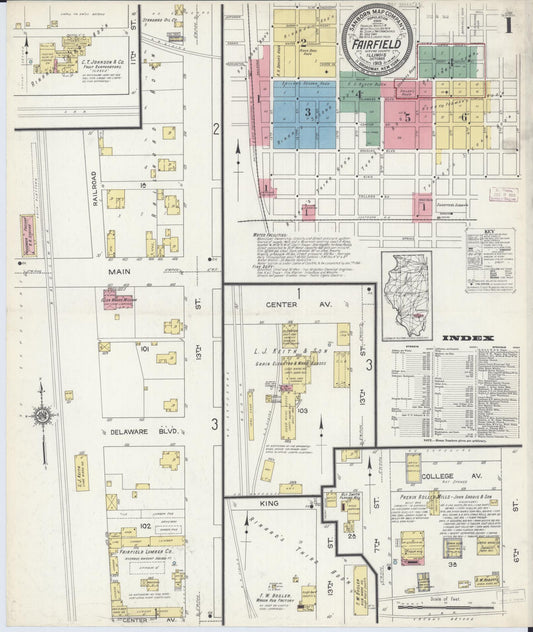Sanborn Fire Insurance Map from Fairfield, Wayne County, Illinois (1913), Sheet #0001 - Complete Map Set gallery image, historic Sanborn map, vintage wall art, Illinois Illinois