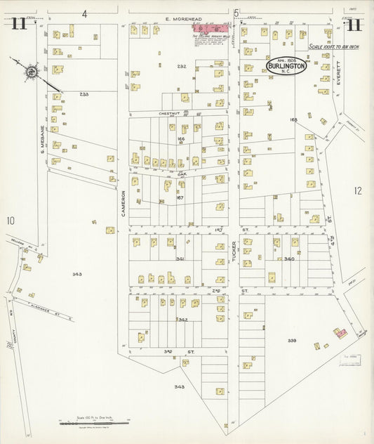 Sanborn Fire Insurance Map from Burlington, Alamance County, North Carolina (1924), Sheet #0011 - Historic Sanborn Fire Insurance Map Print, vintage old map wall art, antique decor, genealogy gift, North Carolina North Carolina map