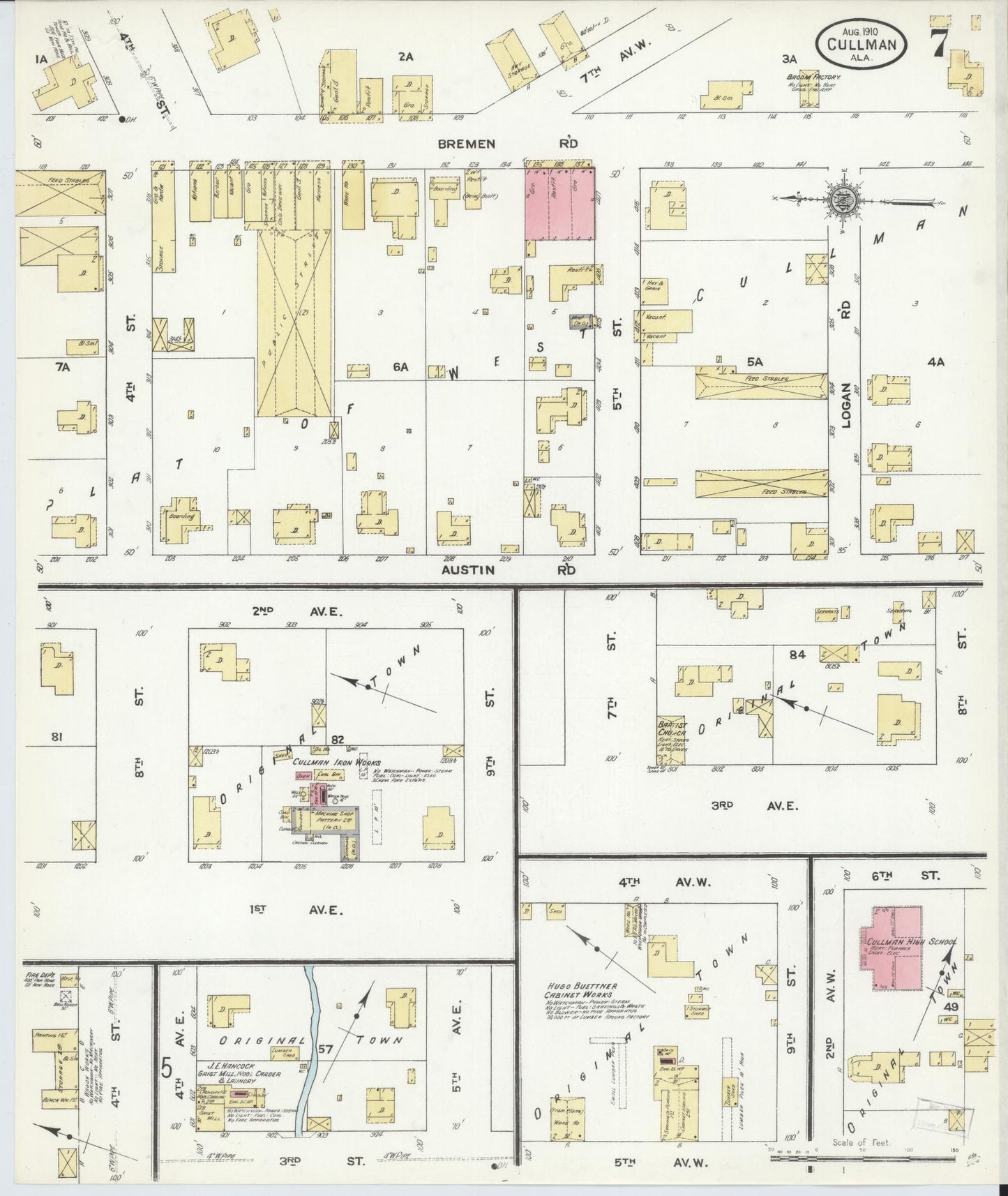 Sanborn Fire Insurance Map from Cullman, Cullman County, Alabama (1910), Sheet #0007 - Historic Sanborn Fire Insurance Map Print, vintage old map wall art, antique decor, genealogy gift, Alabama Alabama map