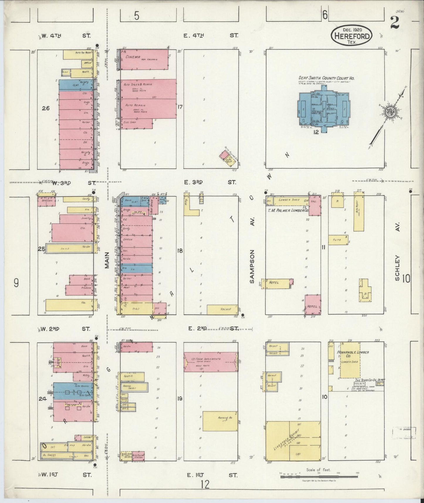 Sanborn Fire Insurance Map from Hereford, Deaf Smith County, Texas (1920), Sheet #0002 - Historic Sanborn Fire Insurance Map Print, vintage old map wall art, antique decor, genealogy gift, Texas Texas map
