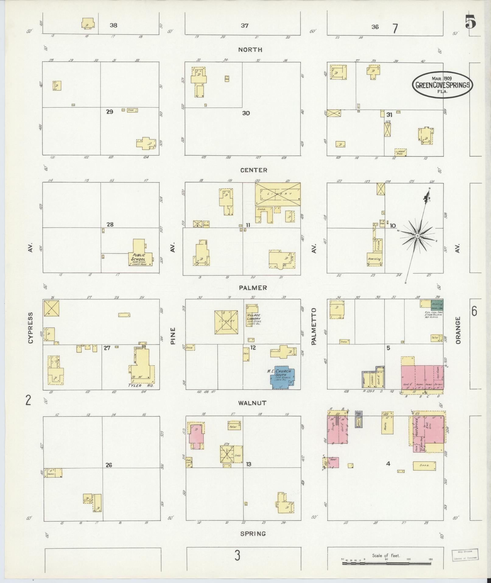Sanborn Fire Insurance Map from Green Cove Springs, Clay County, Florida (1909), Sheet #0005 - Historic Sanborn Fire Insurance Map Print, vintage old map wall art, antique decor, genealogy gift, Florida Florida map