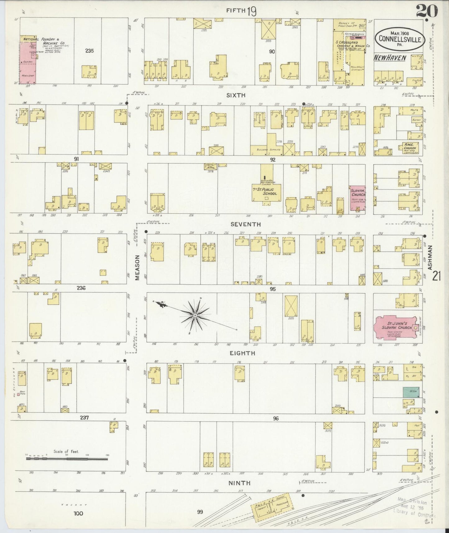 Sanborn Fire Insurance Map from Connellsville, Fayette County, Pennsylvania (1908), Sheet #0020 - Historic Sanborn Fire Insurance Map Print, vintage old map wall art, antique decor, genealogy gift, Pennsylvania Pennsylvania map