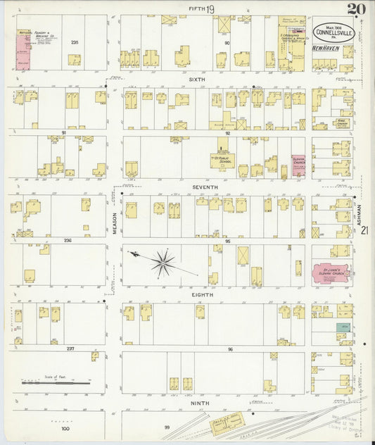 Sanborn Fire Insurance Map from Connellsville, Fayette County, Pennsylvania (1908), Sheet #0020 - Historic Sanborn Fire Insurance Map Print, vintage old map wall art, antique decor, genealogy gift, Pennsylvania Pennsylvania map