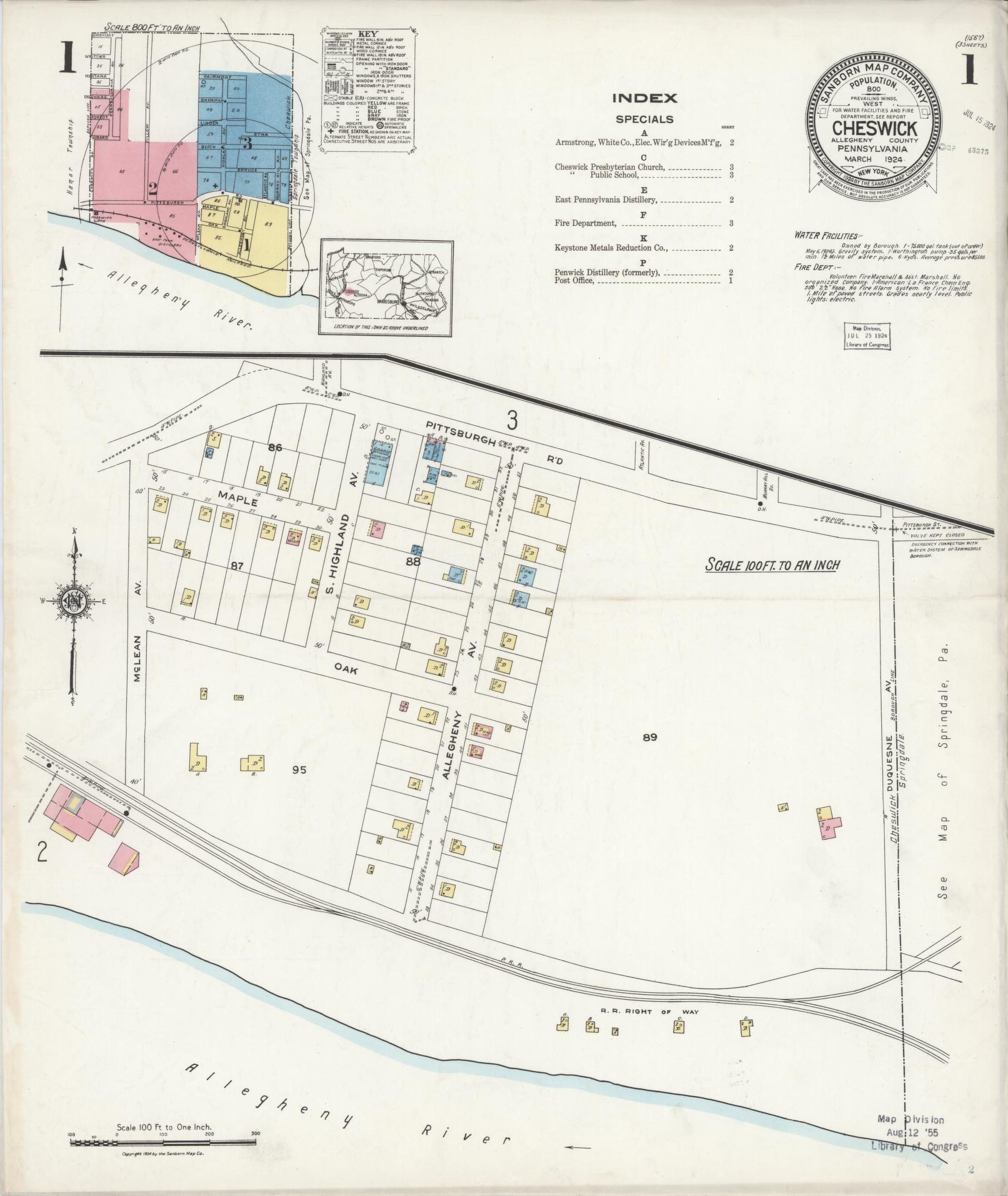 Sanborn Fire Insurance Map from Cheswick, Allegheny County, Pennsylvania (1924), Sheet #0001 - Historic Sanborn Fire Insurance Map Print, vintage old map wall art, antique decor, genealogy gift, Pennsylvania Pennsylvania map