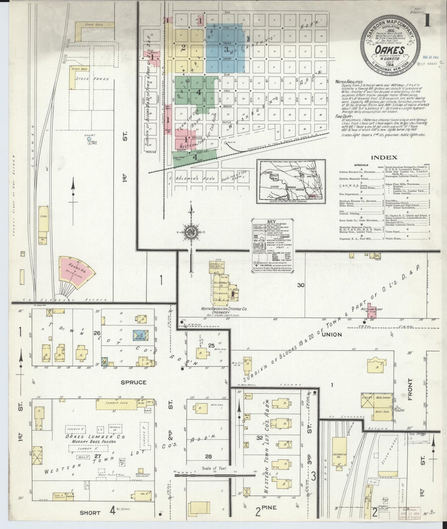 Sanborn Fire Insurance Map from Oakes, Dickey County, North Dakota (1914), Sheet #0001 - Complete Map Set gallery image, historic Sanborn map, vintage wall art, North Dakota North Dakota