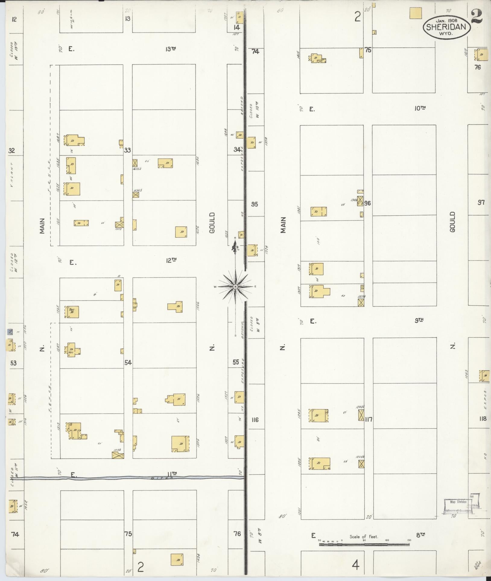 Sanborn Fire Insurance Map from Sheridan, Sheridan County, Wyoming (1908), Sheet #0002 - Complete Map Set gallery image, historic Sanborn map, vintage wall art, Wyoming Wyoming