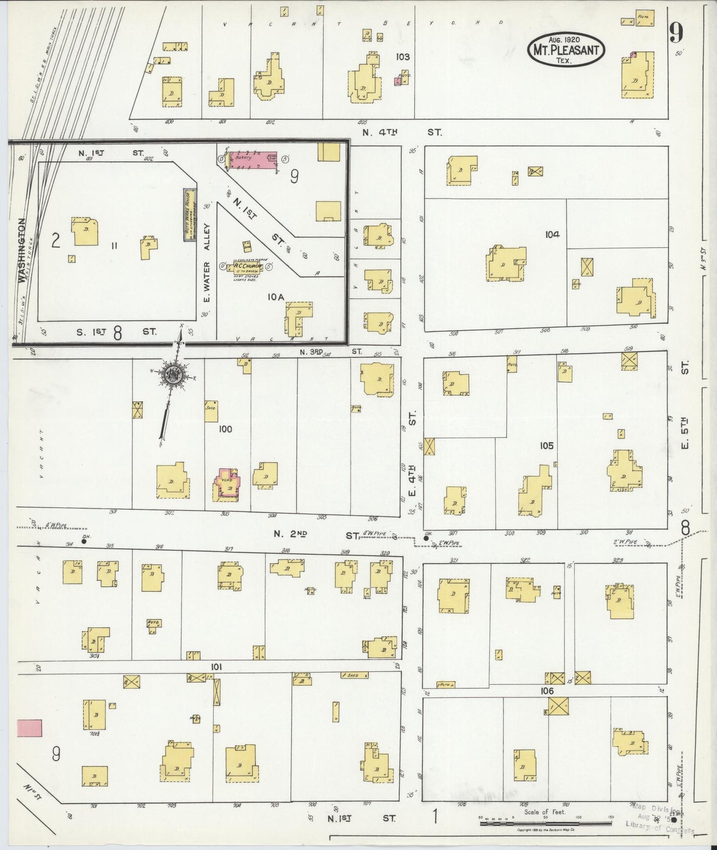 Sanborn Fire Insurance Map from Mount Pleasant, Titus County, Texas (1920), Sheet #0009 - Historic Sanborn Fire Insurance Map Print, vintage old map wall art, antique decor, genealogy gift, Texas Texas map