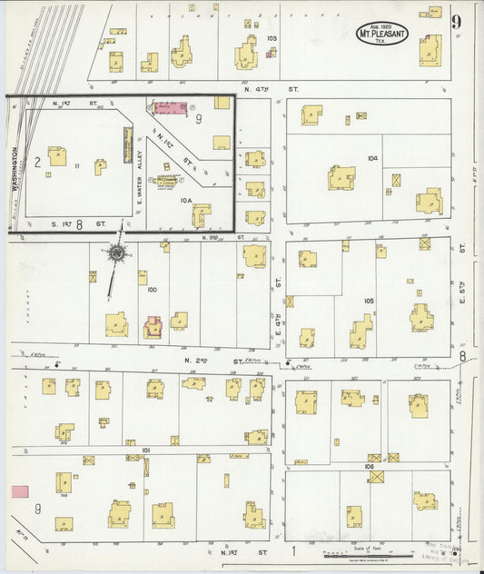 Sanborn Fire Insurance Map from Mount Pleasant, Titus County, Texas (1920), Sheet #0009 - Historic Sanborn Fire Insurance Map Print, vintage old map wall art, antique decor, genealogy gift, Texas Texas map