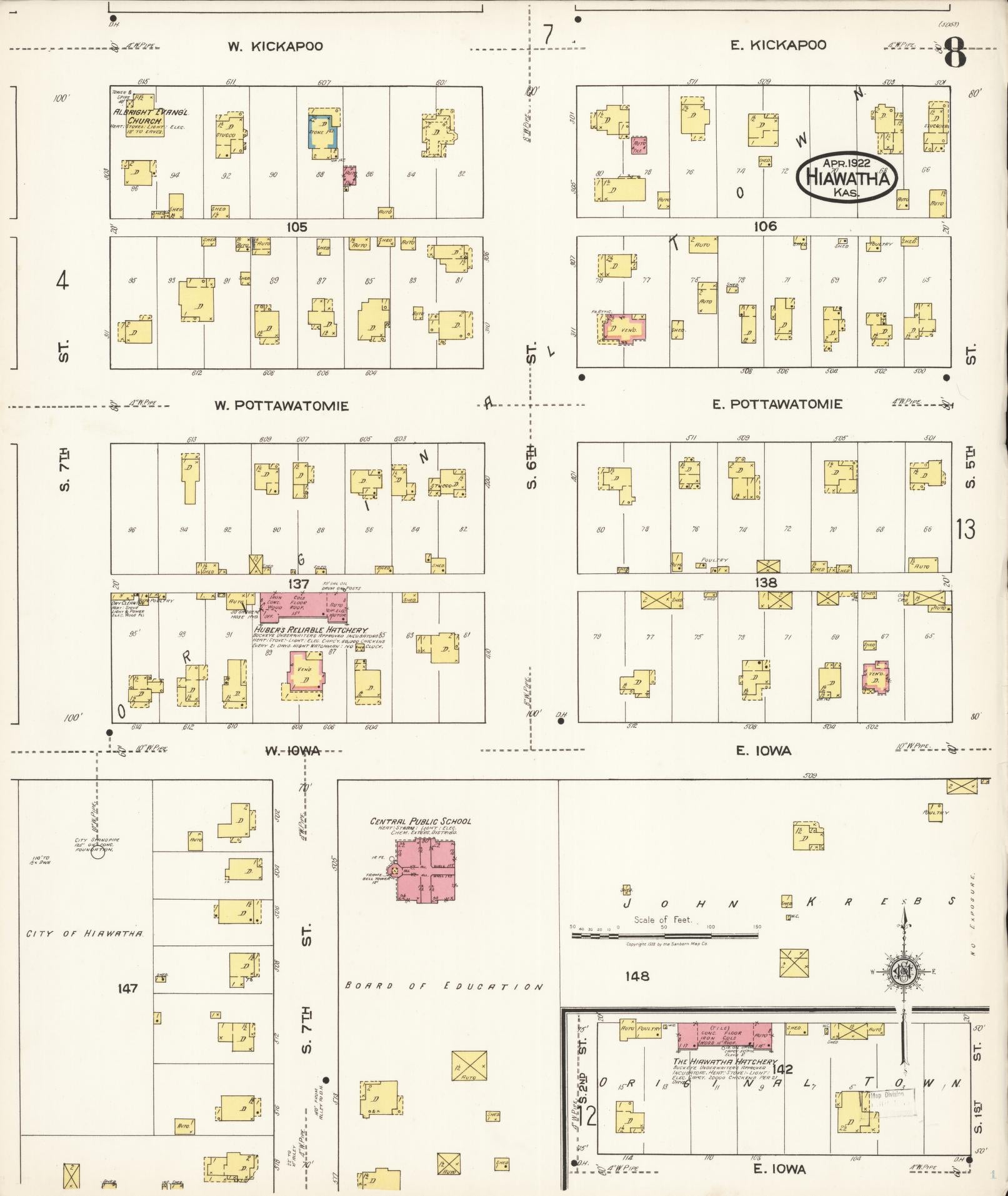 Sanborn Fire Insurance Map from Hiawatha, Brown County, Kansas (1922), Sheet #0008 - Historic Sanborn Fire Insurance Map Print, vintage old map wall art, antique decor, genealogy gift, Kansas Kansas map