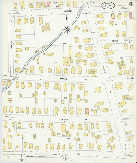 Sanborn Fire Insurance Map from Cortland, Cortland County, New York (1908), Sheet #0006 - Historic Sanborn Fire Insurance Map Print, vintage old map wall art, antique decor, genealogy gift, New York New York map