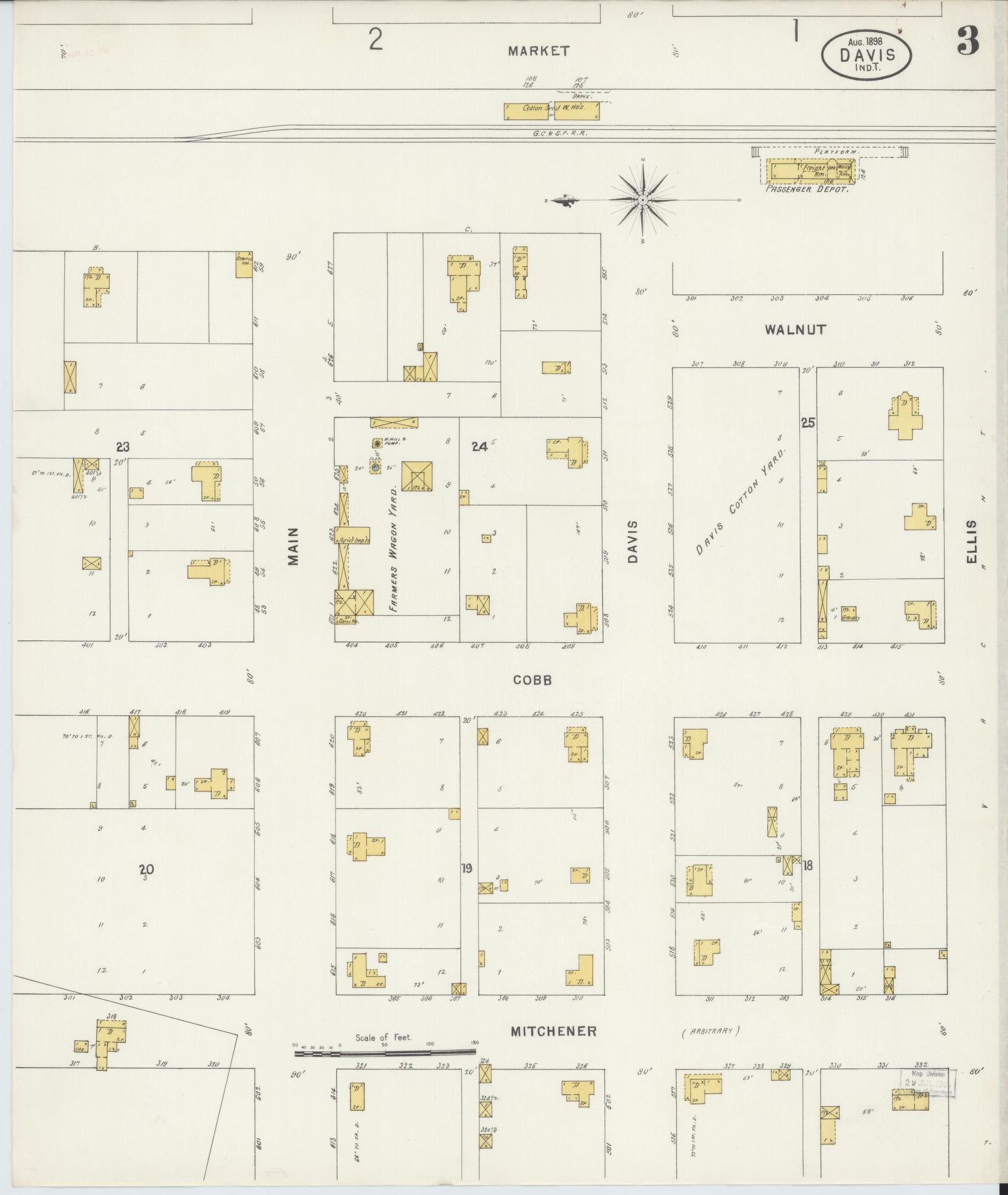 Sanborn Fire Insurance Map from Davis, Murray County, Oklahoma (1898), Sheet #0003 - Complete Map Set gallery image, historic Sanborn map, vintage wall art, Oklahoma Oklahoma
