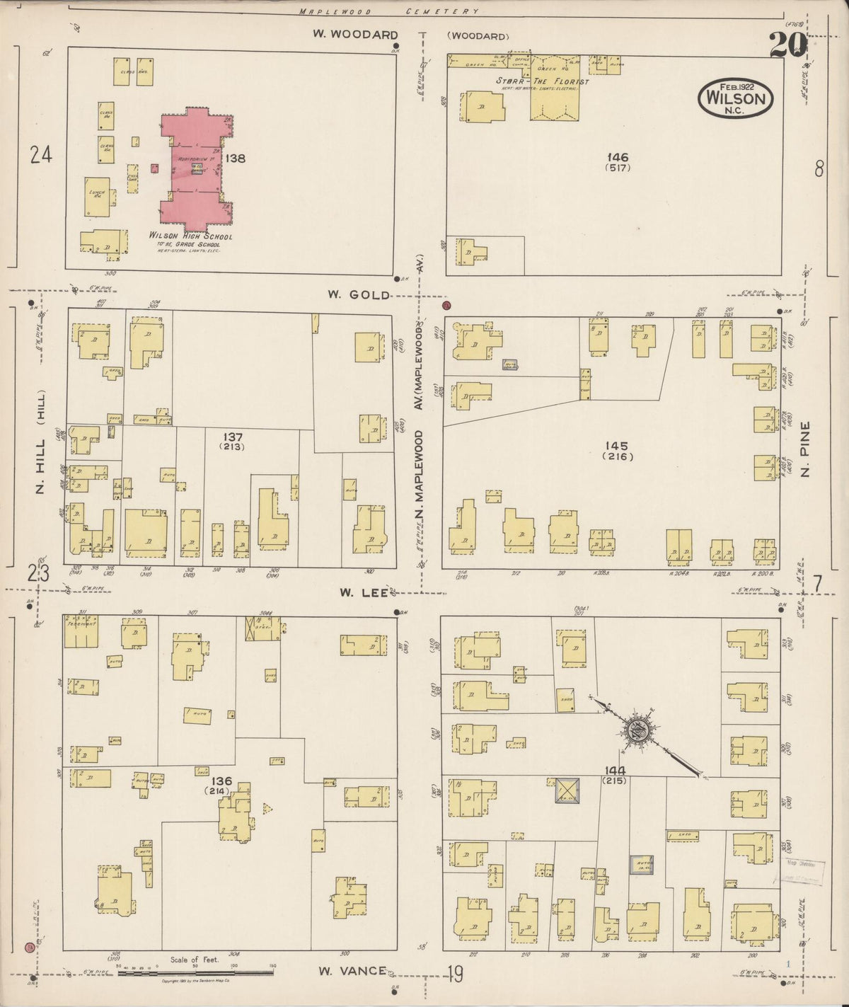 Sanborn Fire Insurance Map from Wilson, Wilson County, North Carolina (1922), Sheet #0020 - Historic Sanborn Fire Insurance Map Print, vintage old map wall art, antique decor, genealogy gift, North Carolina North Carolina map