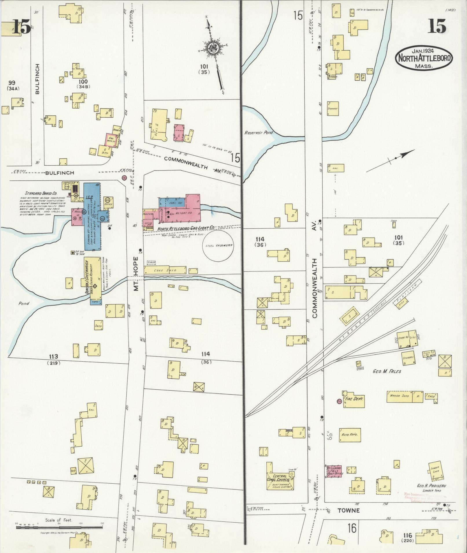 Sanborn Fire Insurance Map from North Attleborough, Bristol County, Massachusetts (1924), Sheet #0015 - Complete Map Set gallery image, historic Sanborn map, vintage wall art, Massachusetts Massachusetts